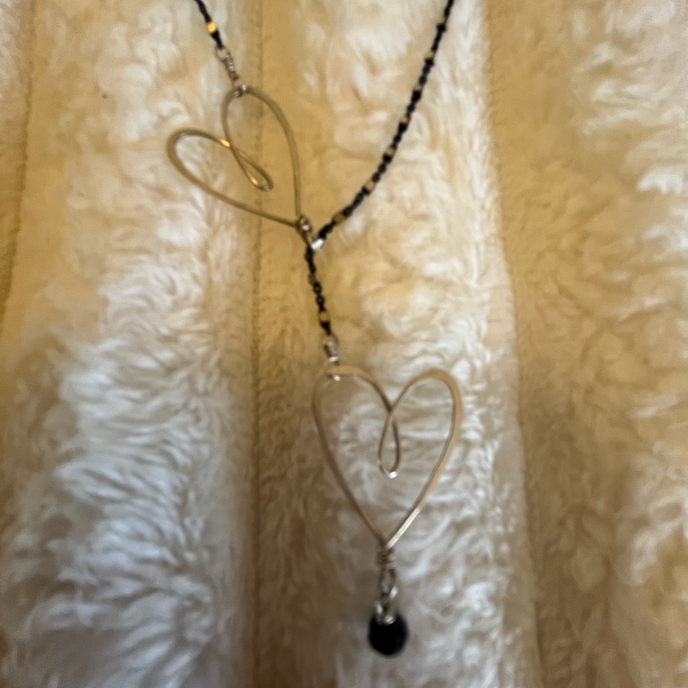 Silver Double Heart & Black Bead Pendant Necklace